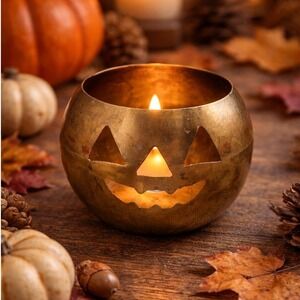 Vtg Solid Brass Jack-O-Lantern Votive Candle Holder Halloween Pumpkin India